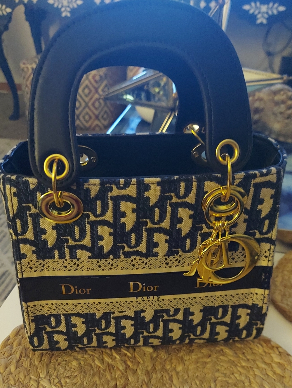 Dior Navy and Beige Signature Mini Tote with Gold Hardware